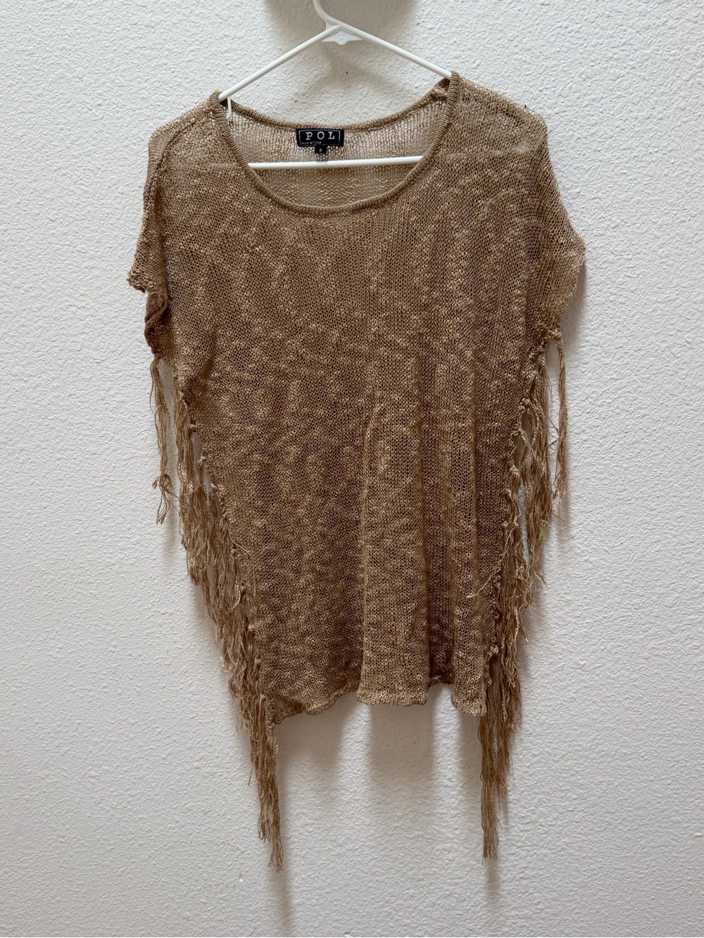 POL Fringe Knit Poncho Top in Tan